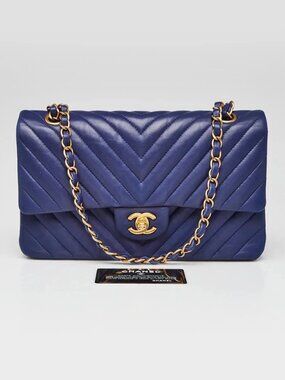 Chanel Blue Chevron Quilted Lambskin Leather Classic Medium Double Flap Bag